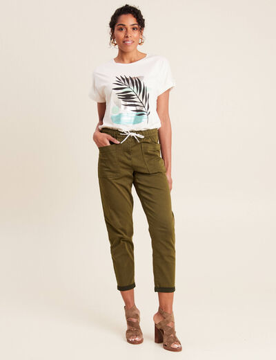 Pantalon coupe droite à coulisse vert olive femme