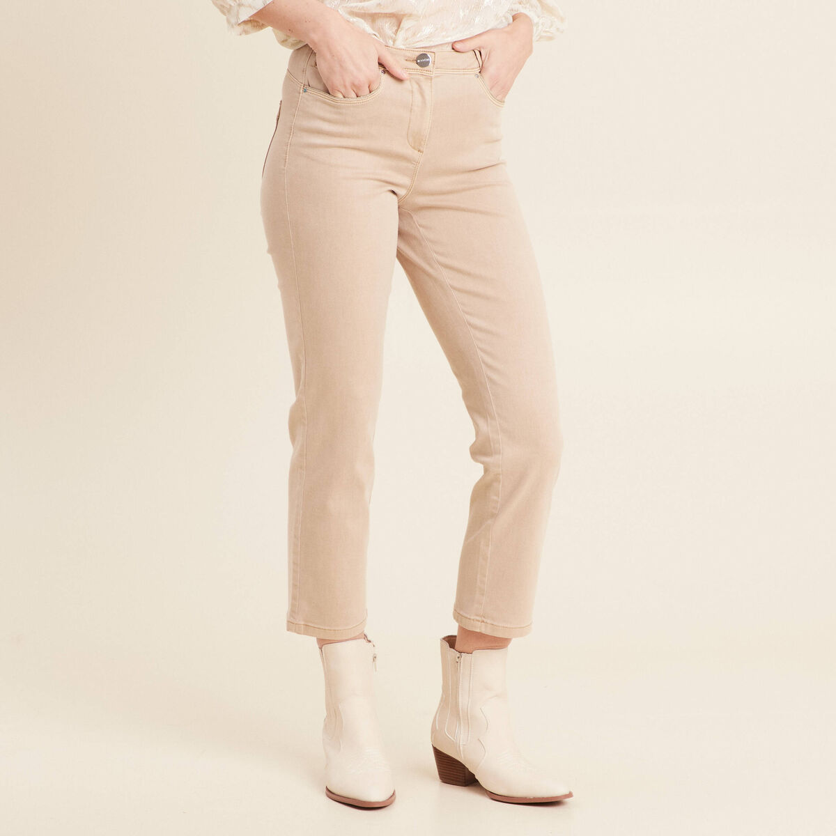 Jean coupe droite 7/8&egrave;me denim beige femme