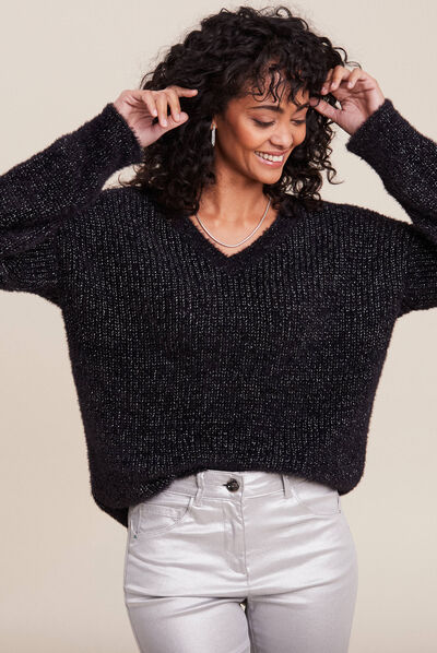 Pull manches longues col en V noir femme