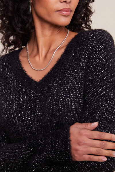 Pull manches longues col en V noir femme