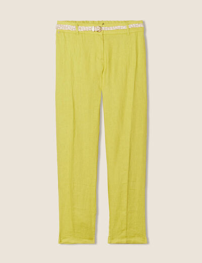Pantalon coupe chino en lin ceintur&eacute; vert anis femme