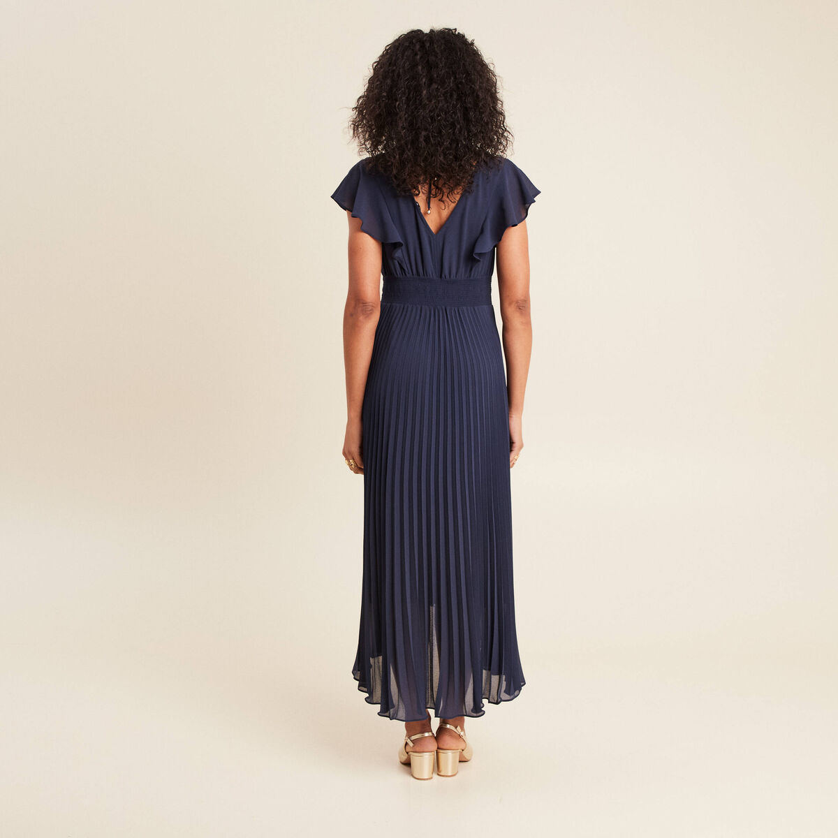 Robe longue &eacute;vas&eacute;e &agrave; volants bleu marine femme
