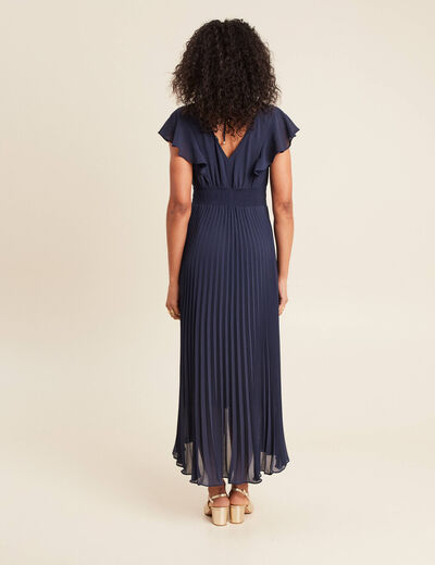 Robe longue évasée à volants bleu marine femme