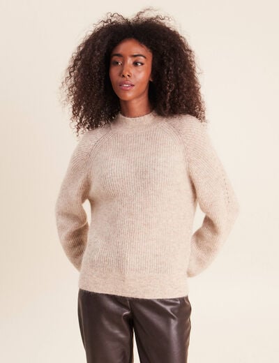 Pull droit col montant manches longues beige femme