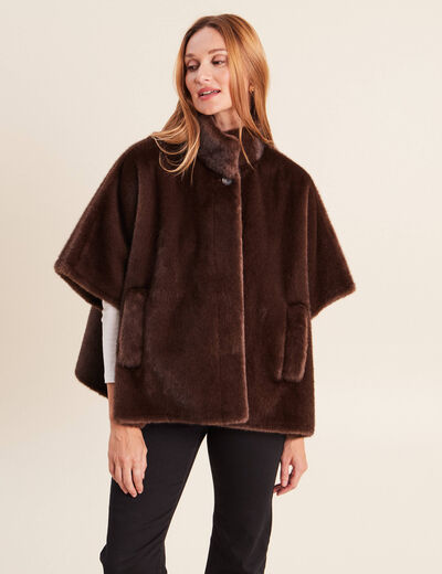 Poncho cape doubl&eacute; marron fonc&eacute; femme