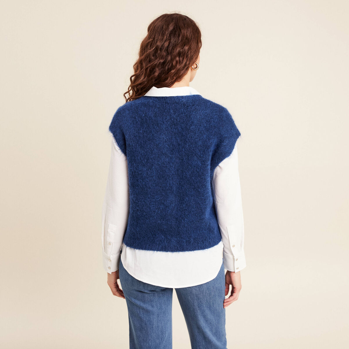Gilet droit mi-long col v bleu marine femme