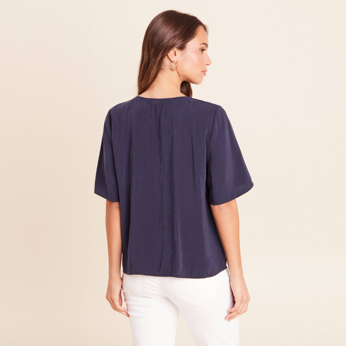 Blouse ample col v manches courtes bleu marine femme
