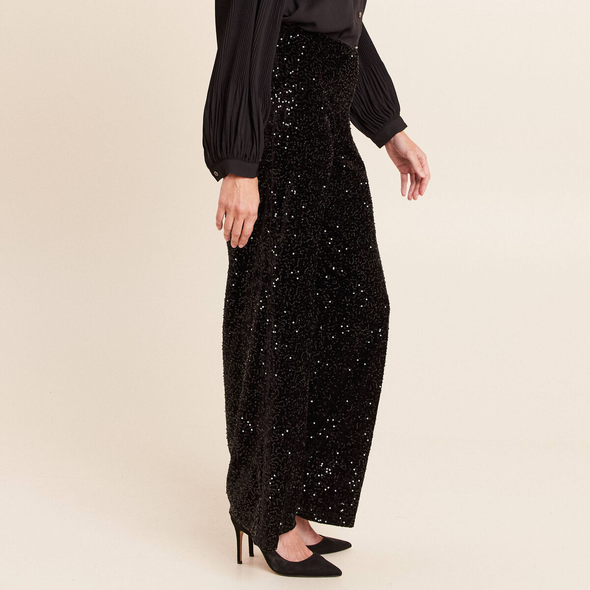 Pantalon &agrave; sequins noir femme