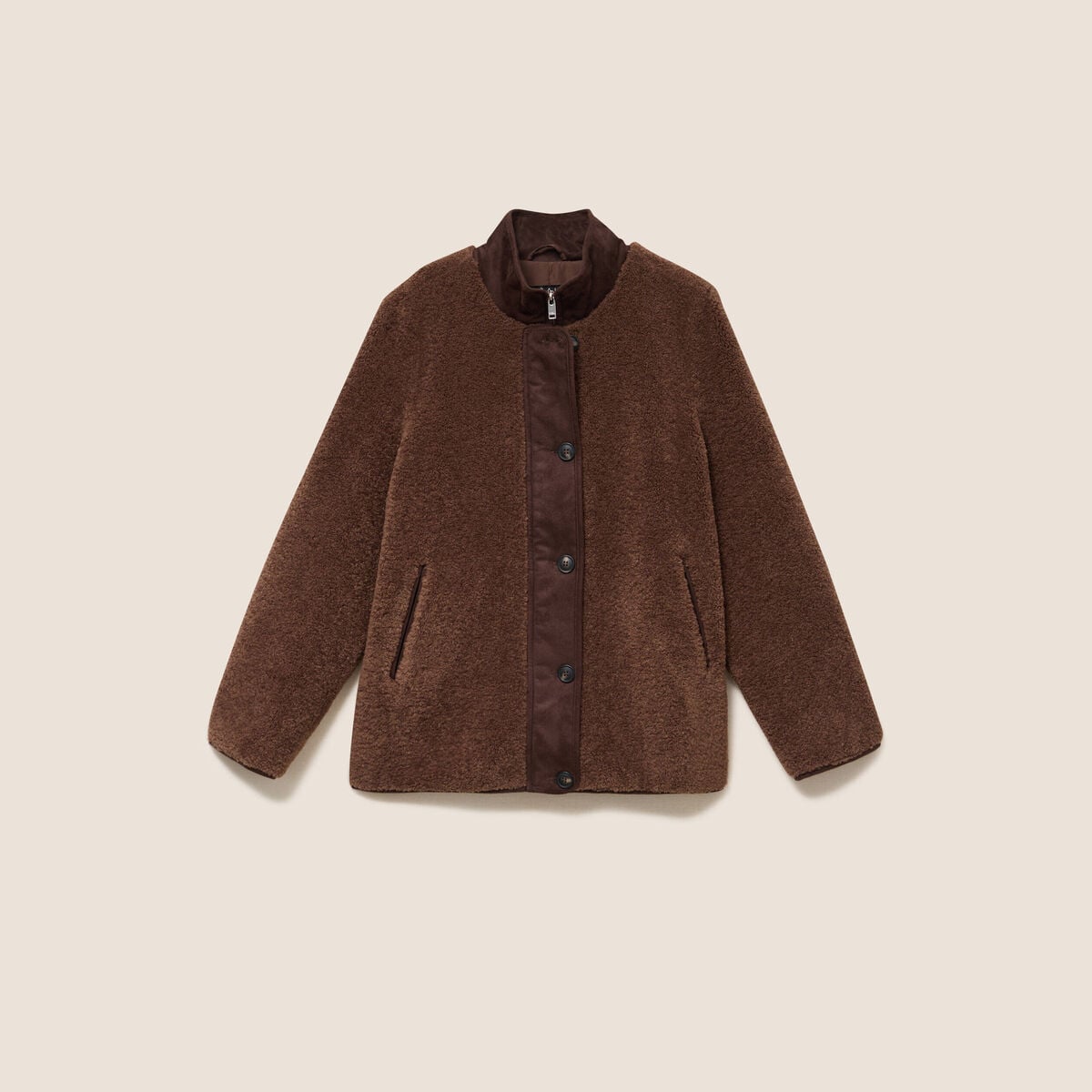 Manteau manches longues col montant marron fonc&eacute; femme