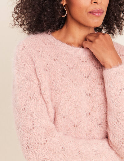 Pull ajour&eacute; col rond vieux rose femme