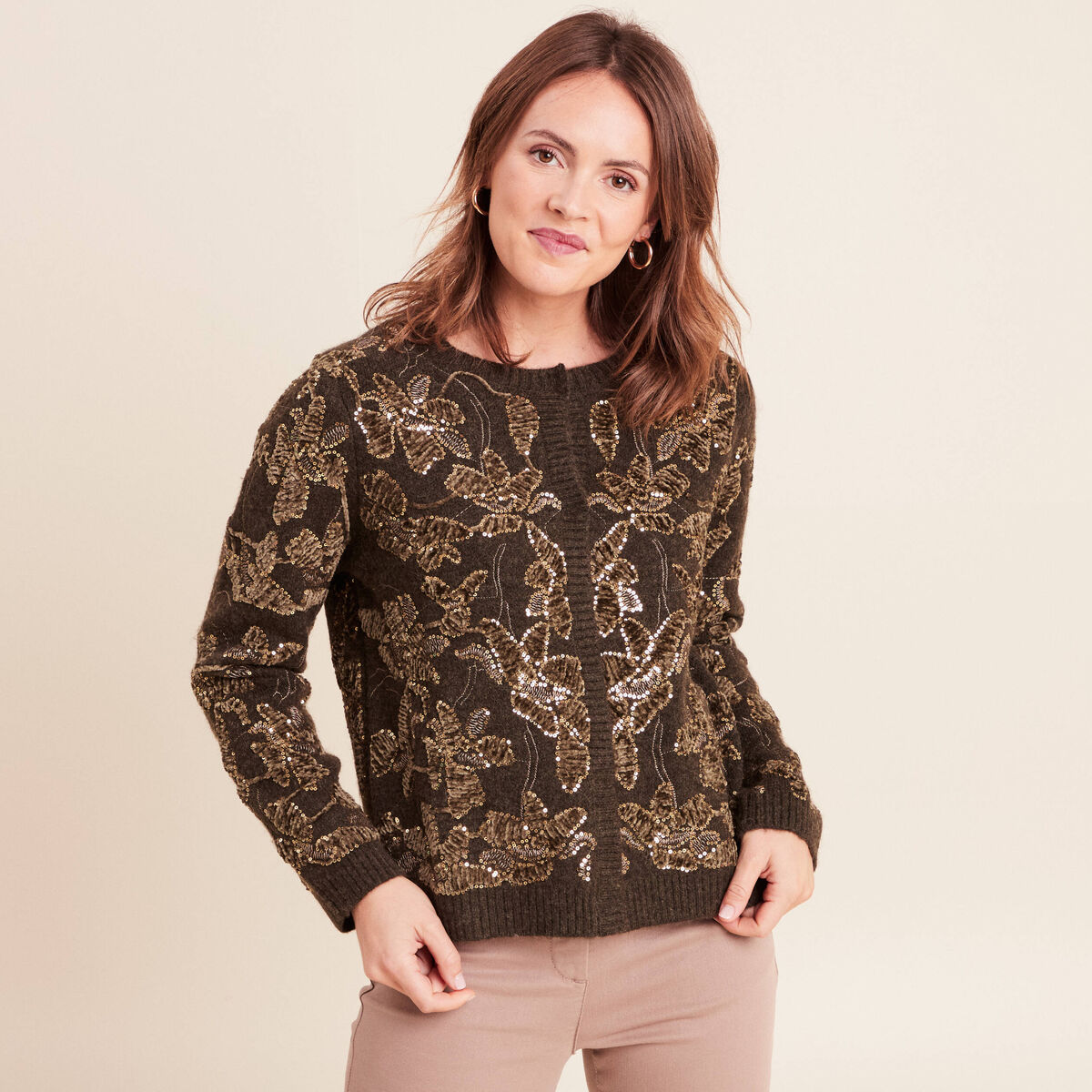 Gilet droit brod&eacute; &agrave; sequins vert kaki femme