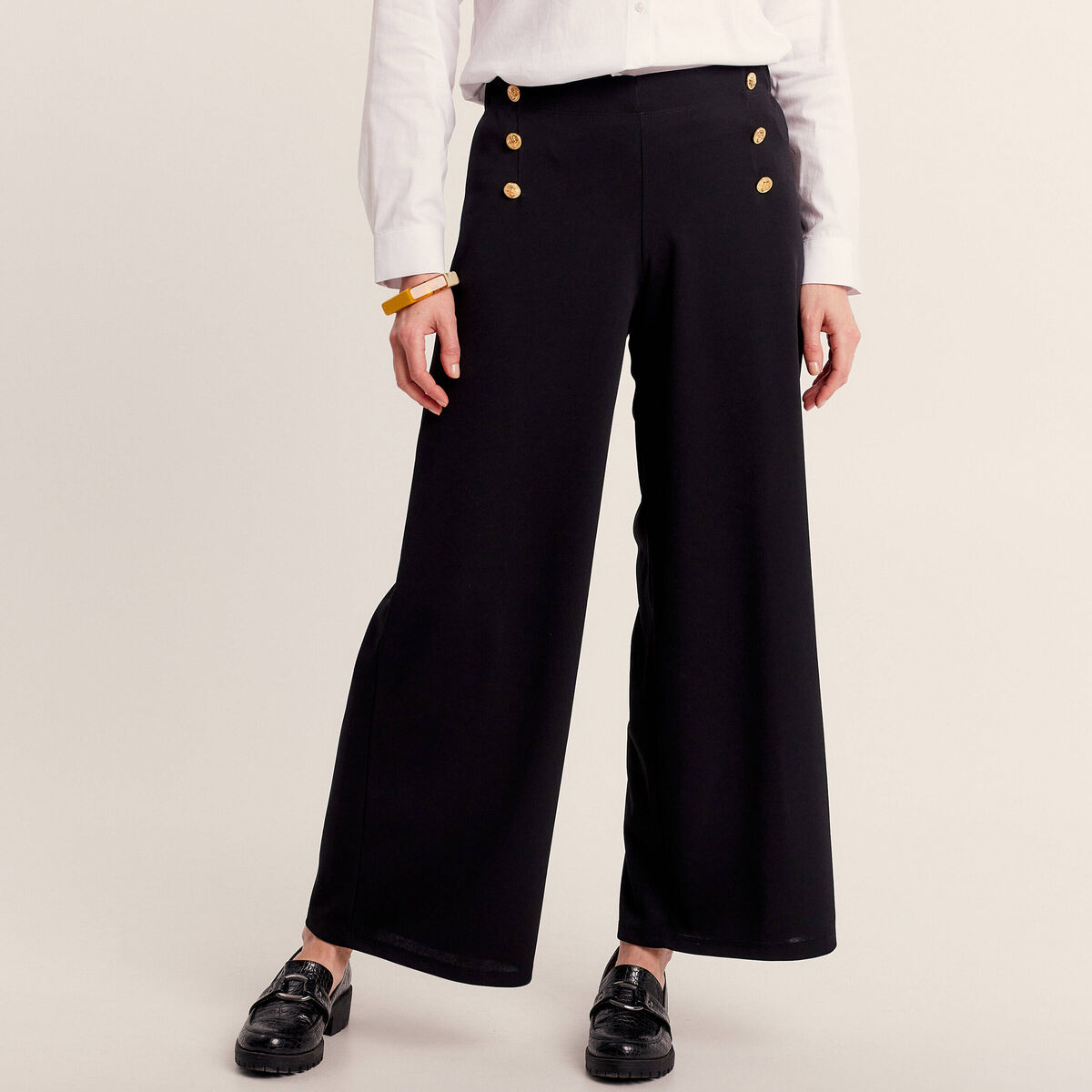 Pantalon coupe large &agrave; pont noir femme