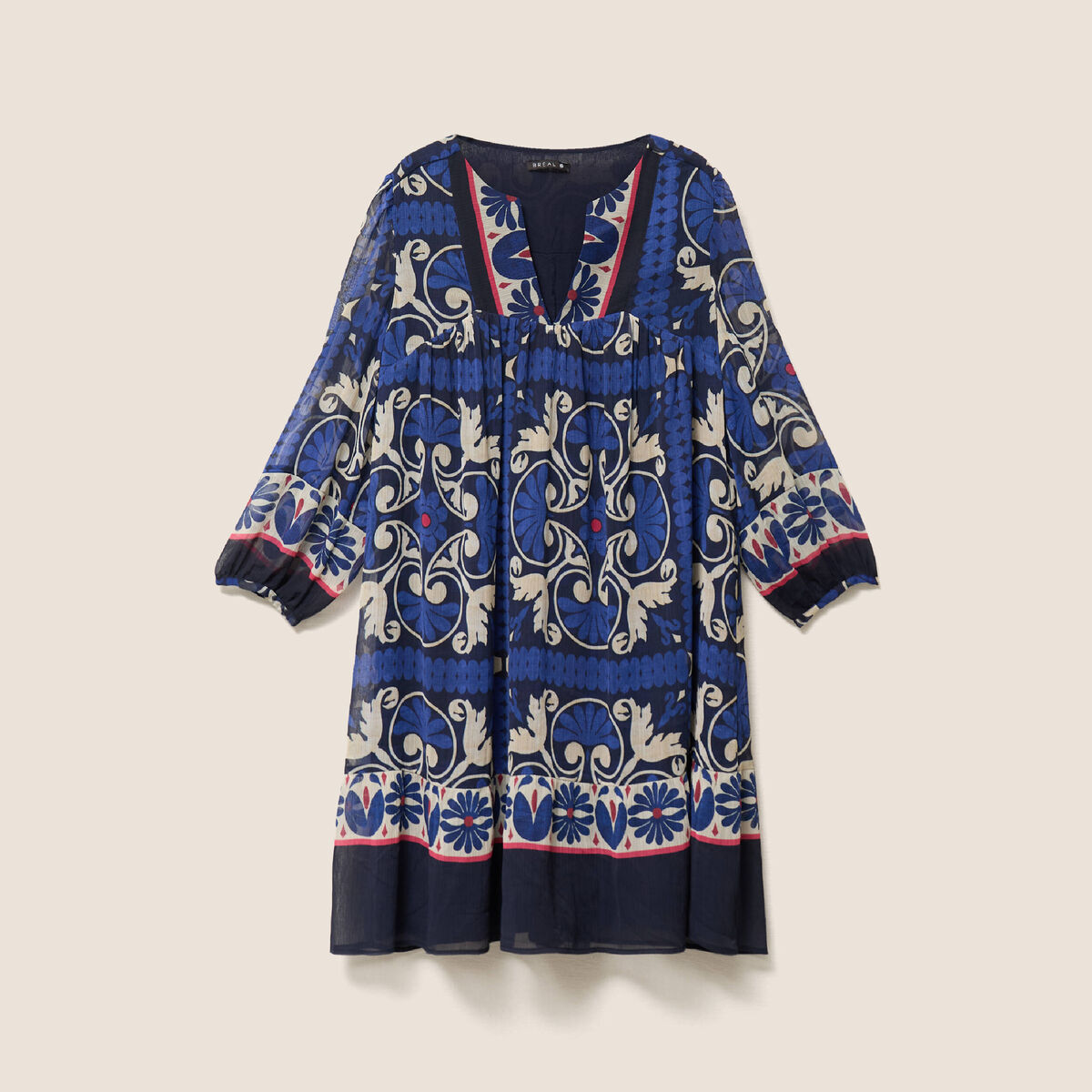 Robe courte &eacute;vas&eacute;e col tunisien bleu femme
