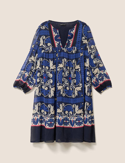 Robe courte &eacute;vas&eacute;e col tunisien bleu femme