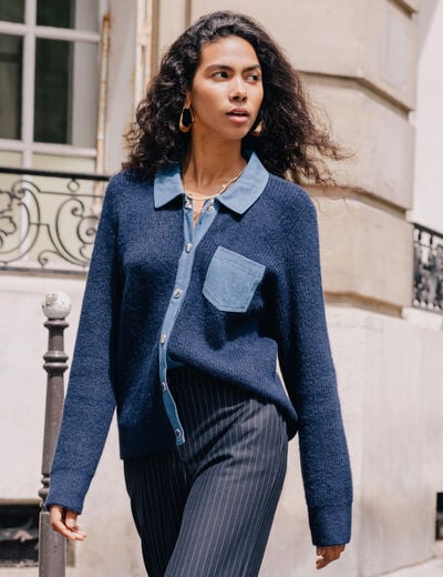 Veste col chemise manches longues bleu fonc&eacute; femme