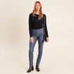 Pantalon enduit ajust&eacute; taille bascul&eacute;e bleu fonc&eacute; femme