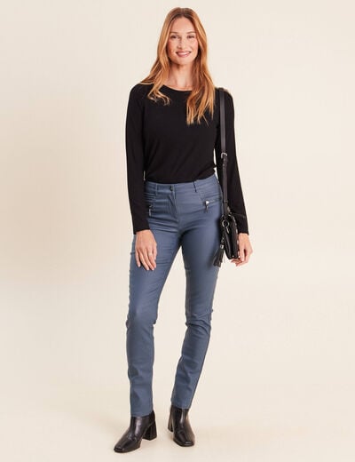 Pantalon enduit ajust&eacute; taille bascul&eacute;e bleu fonc&eacute; femme