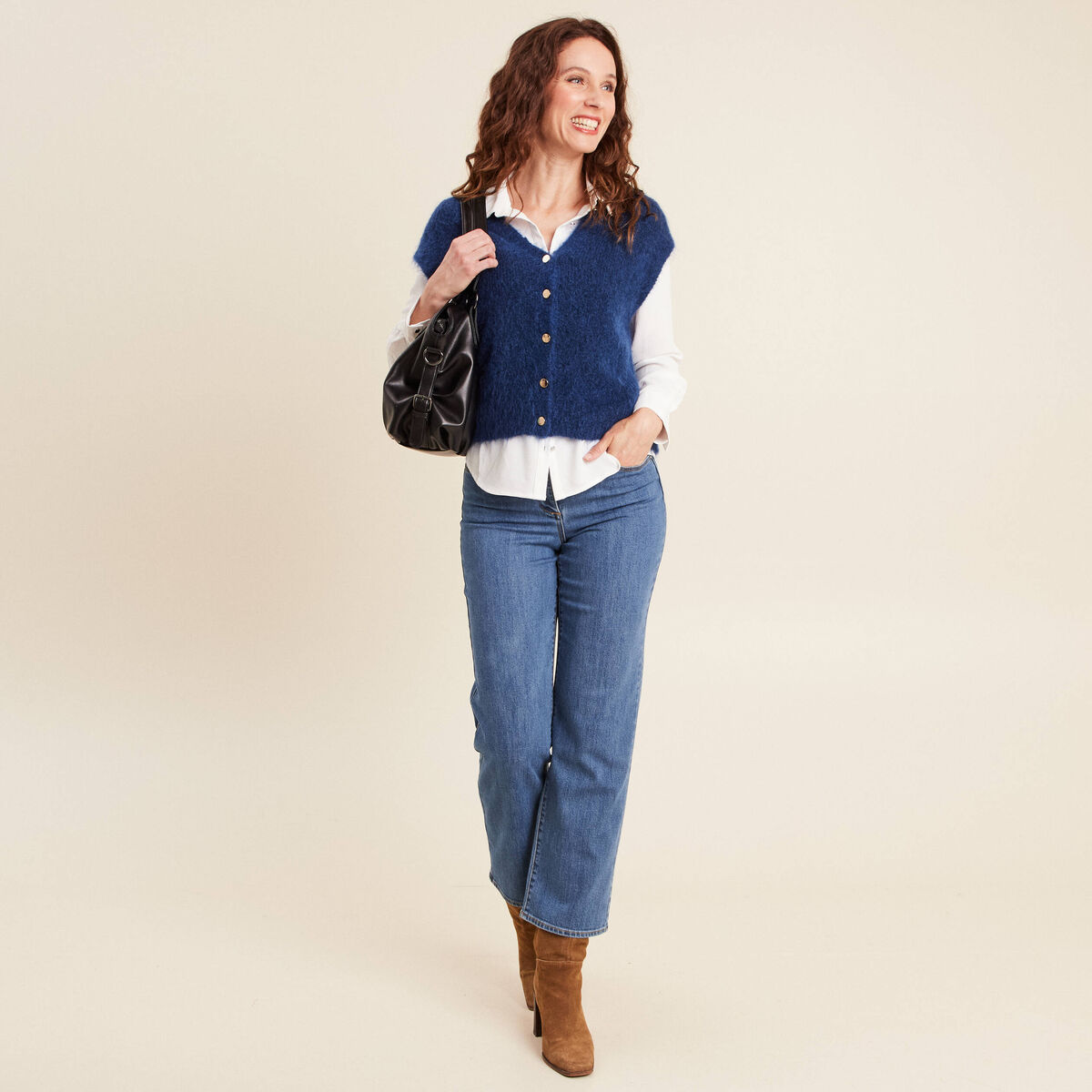 Gilet droit mi-long col v bleu marine femme