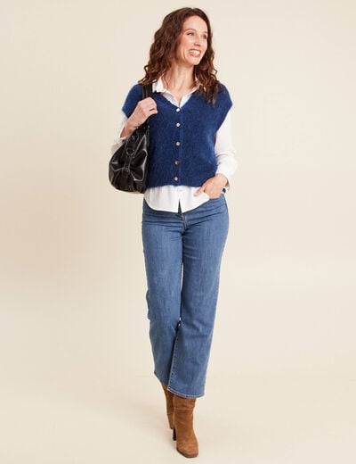 Gilet droit mi-long col v bleu marine femme