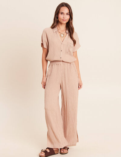 Pantalon large taille haute pliss&eacute; sable femme