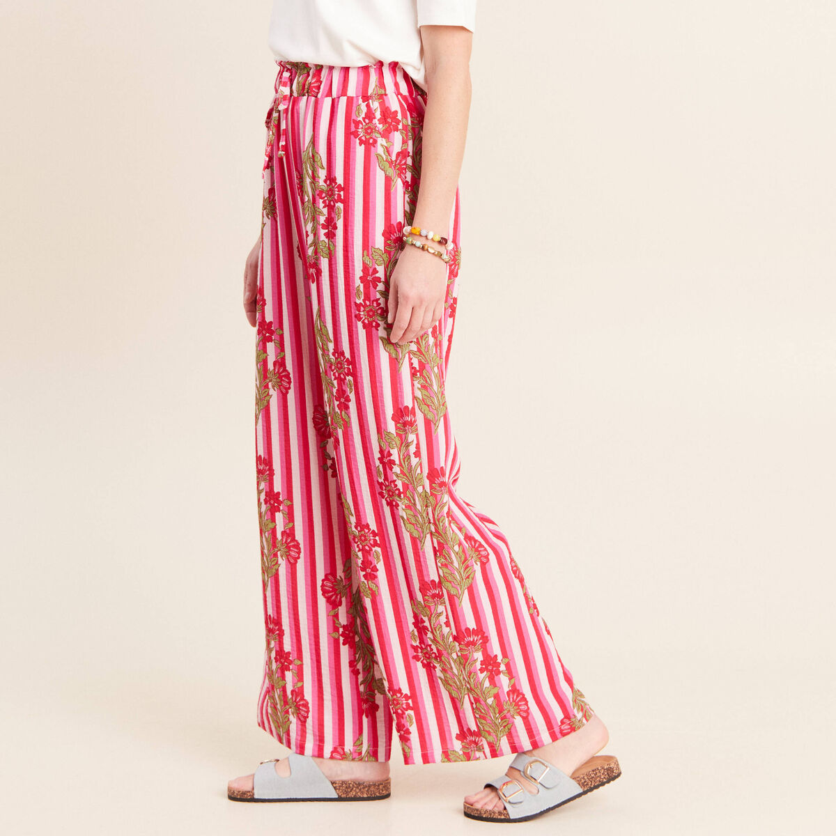 Pantalon large taille haute rose femme