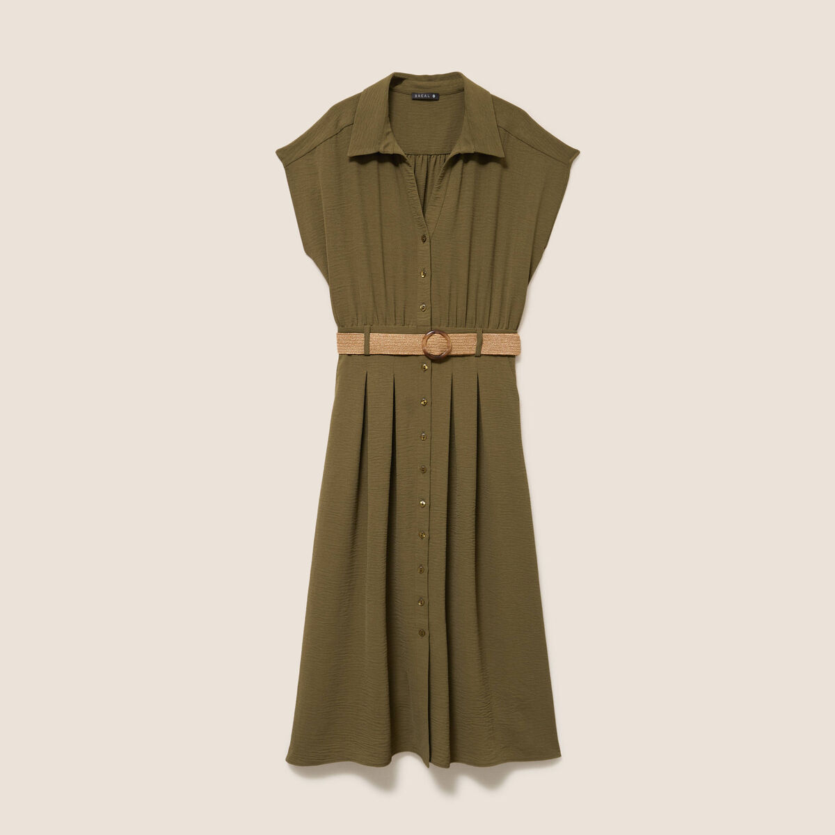 Robe patineuse 3/4 col chemise vert kaki femme