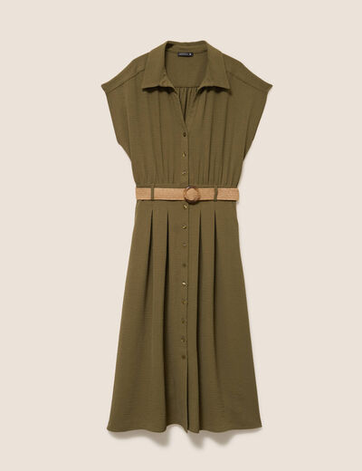Robe patineuse 3/4 col chemise vert kaki femme
