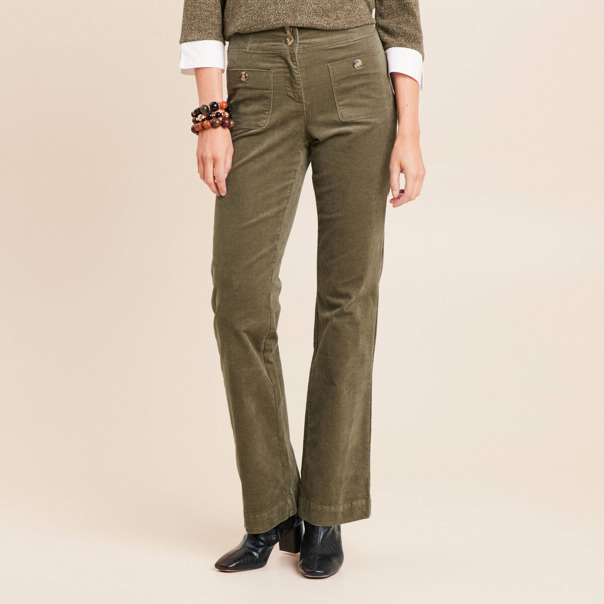 Pantalon bootcut taille haute velours vert kaki femme
