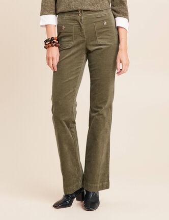 Pantalon bootcut taille haute velours vert kaki femme