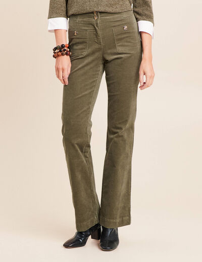 Pantalon bootcut taille haute velours vert kaki femme