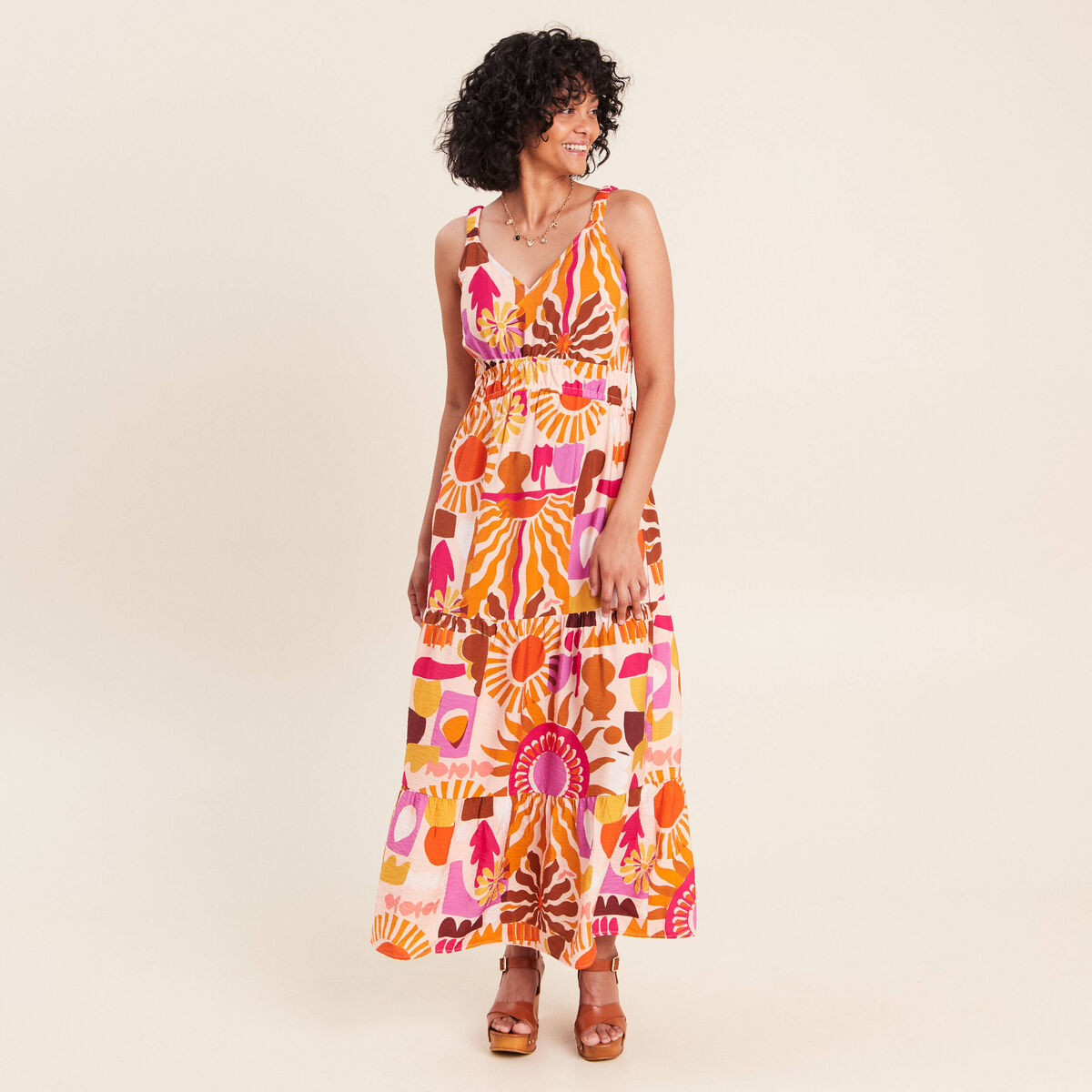 Robe longue &eacute;vas&eacute;e &agrave; fines bretelles multicolore femme