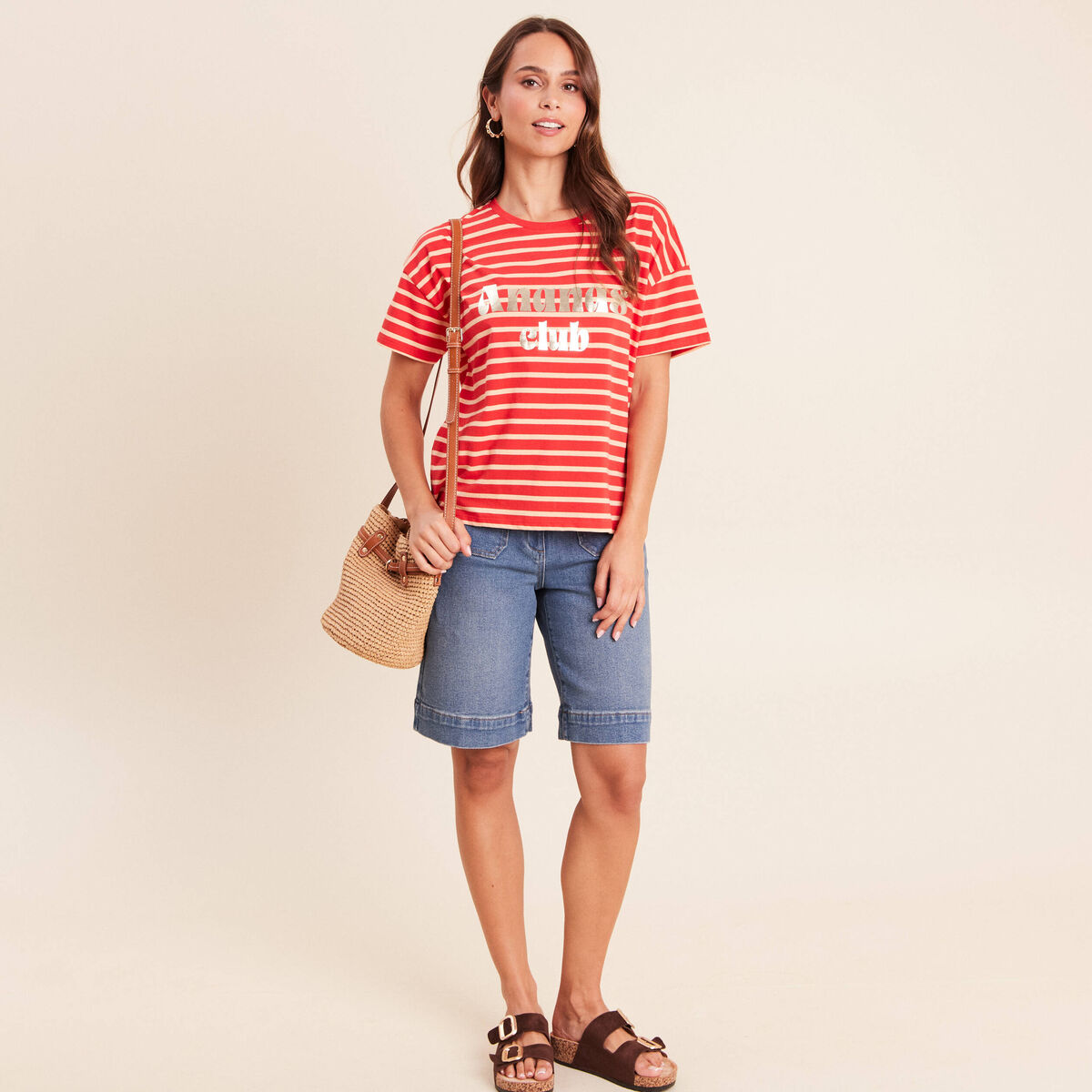 T-shirt col rond manches courtes rose femme