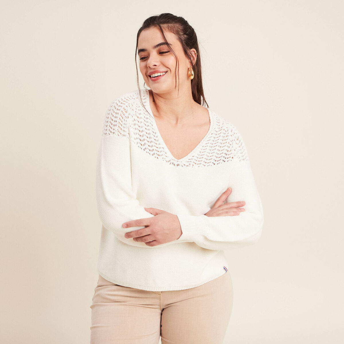 Pull confectionn&eacute; en France ecru femme