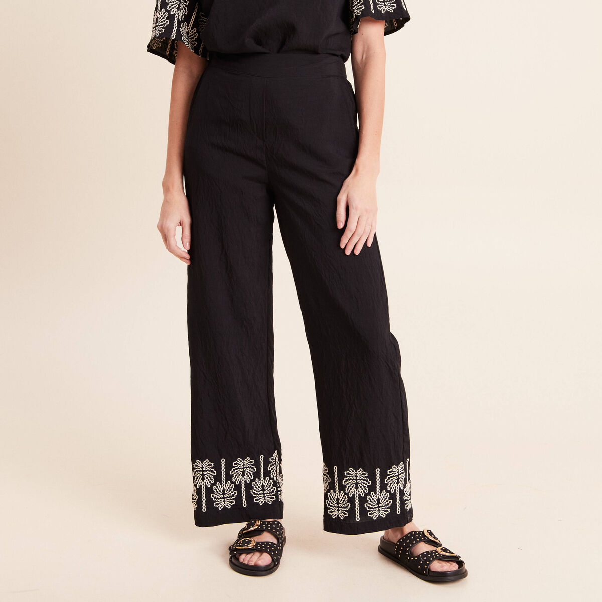 Pantalon large 7/8&egrave;me taille haute noir femme