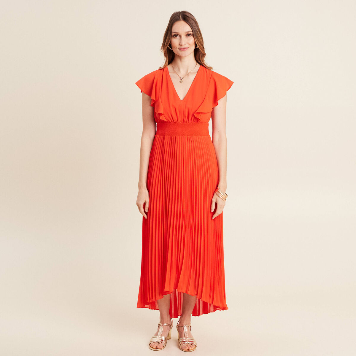 Robe longue &eacute;vas&eacute;e &agrave; volants orange fonc&eacute; femme