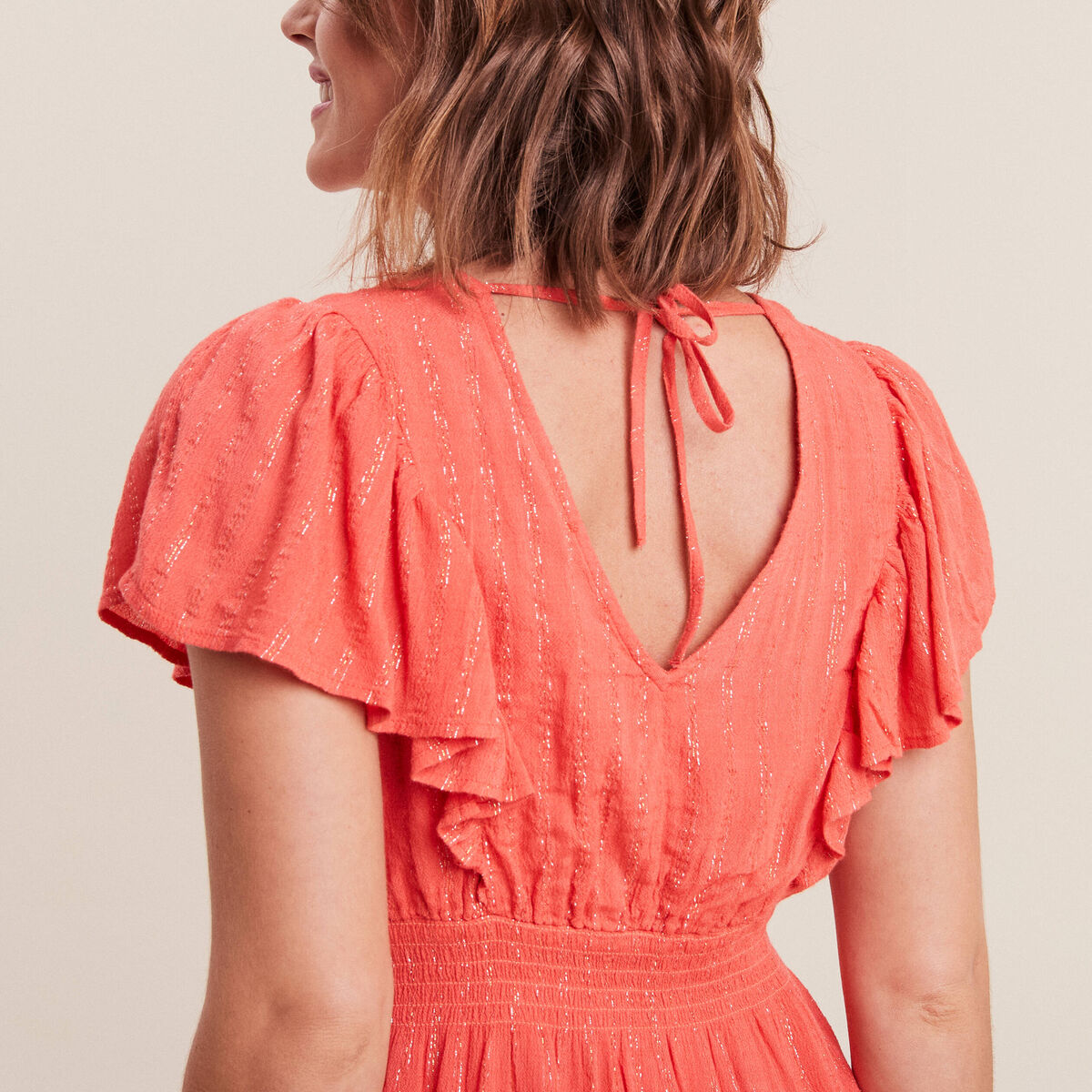 Robe droite fluide smockée orange clair femme