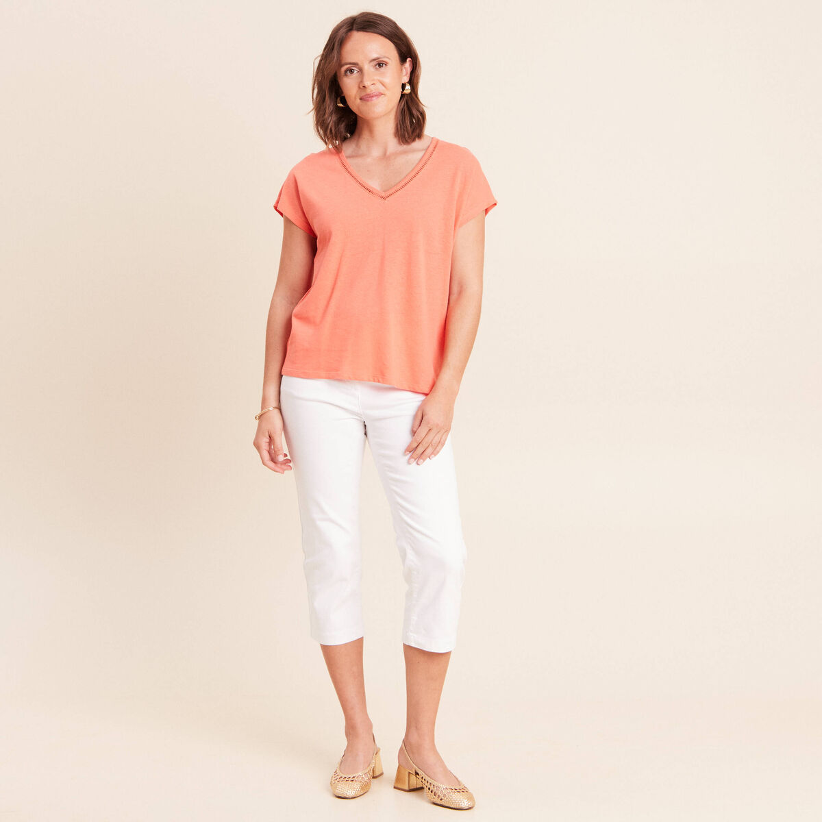 T-shirt col v manches courtes aspect lin orange fluo femme