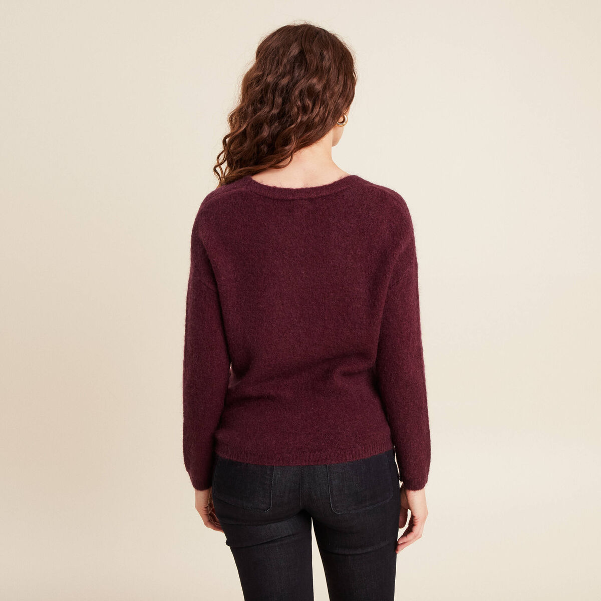 Pull col v bordeaux femme