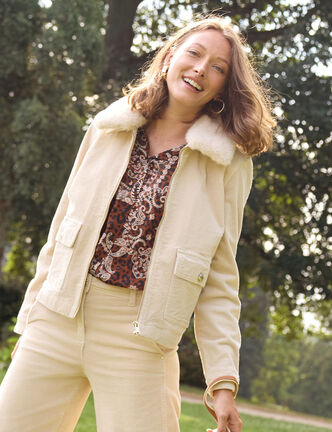 Blouson droit velours manches longues sable femme