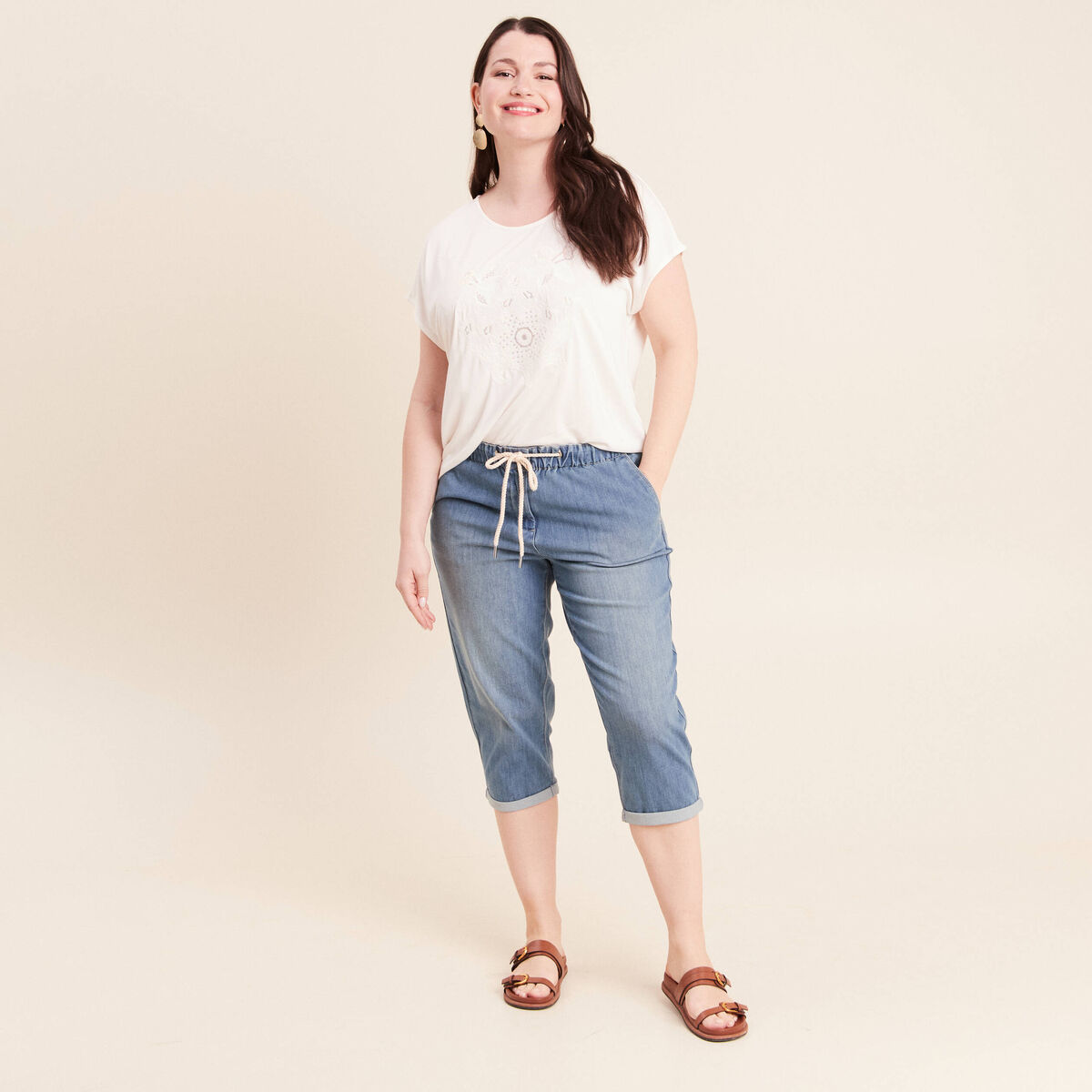 Pantacourt coupe mom denim double stone femme