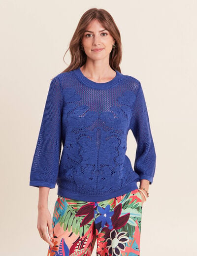 Pull ajour&eacute; col rond manches longues bleu fonc&eacute; femme