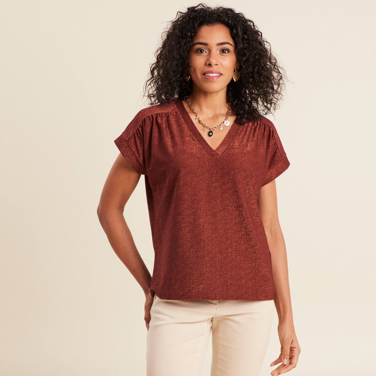 T-shirt manches courtes marron foncé femme