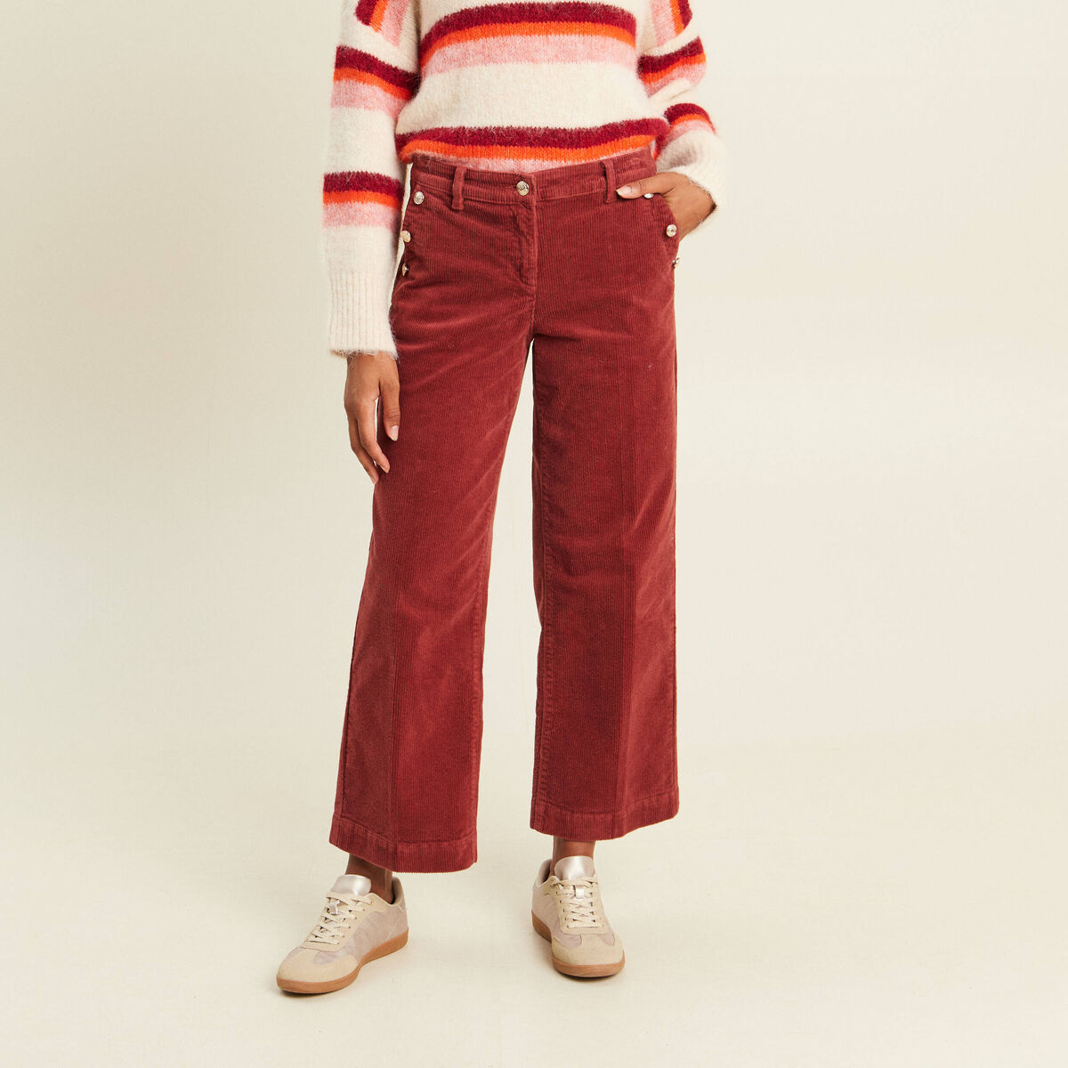 Pantalon large velours c&ocirc;tel&eacute; orange fonc&eacute; femme