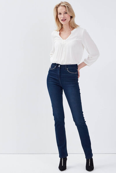 Jean ajusté taille haute denim brut femme