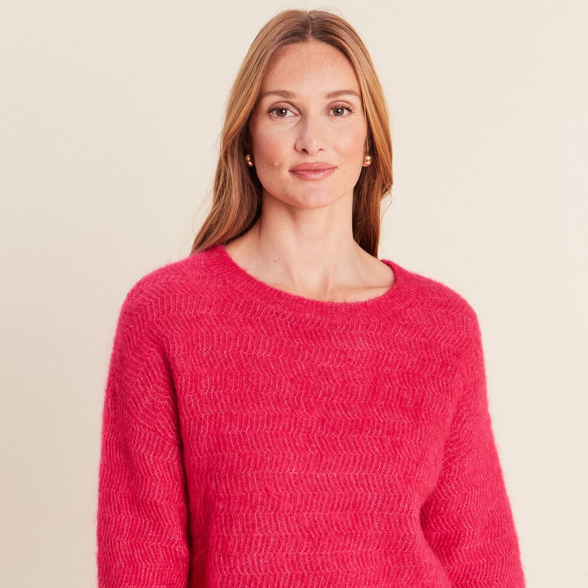 Pull droit col rond manches longues rose femme