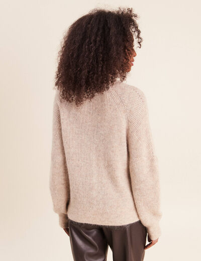 Pull droit col montant manches longues beige femme