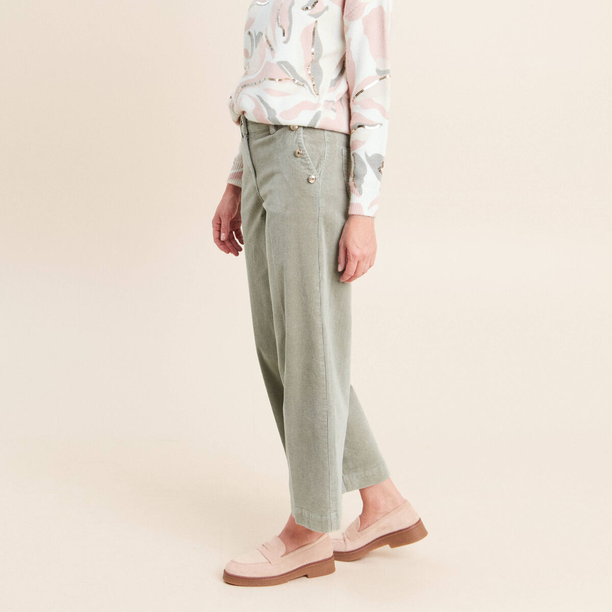 Pantalon large velours c&ocirc;tel&eacute; vert clair femme