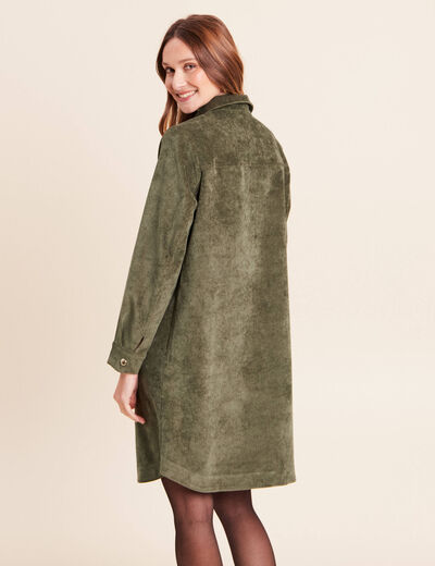 Robe droite courte velours col chemise vert kaki femme