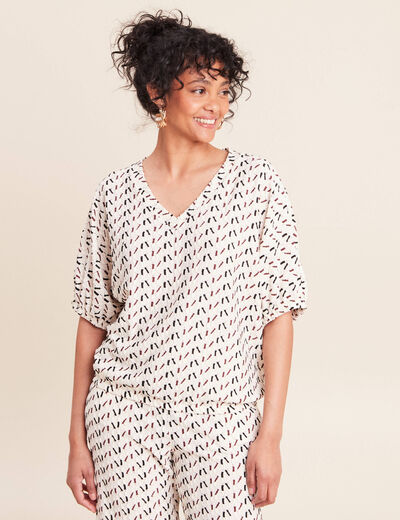 T-shirt effet boule col v manches coudes blanc femme
