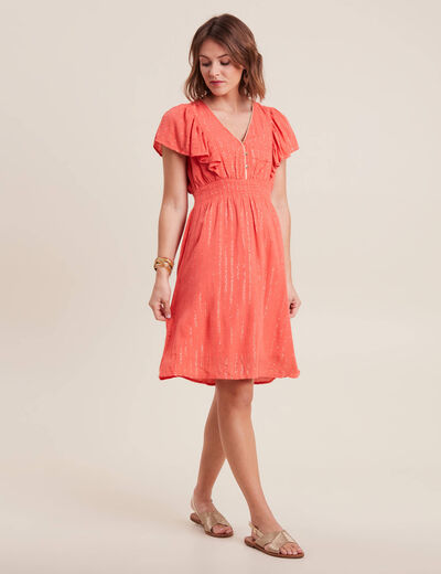 Robe droite fluide smockée orange clair femme